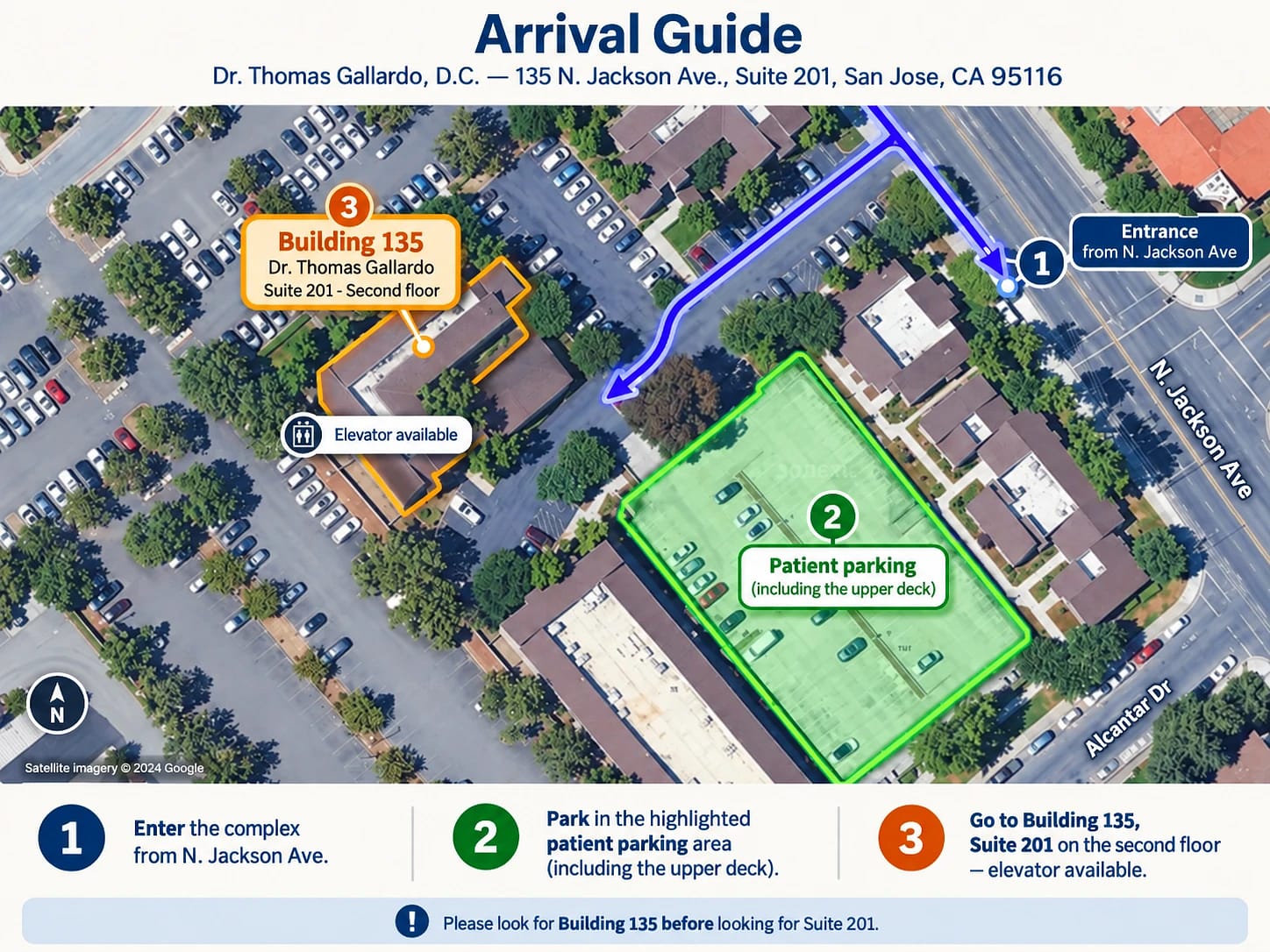 Guía de llegada: entrada desde N. Jackson Ave, estacionamiento para pacientes en verde, Edificio 135 en naranja, Suite 201 en el segundo piso