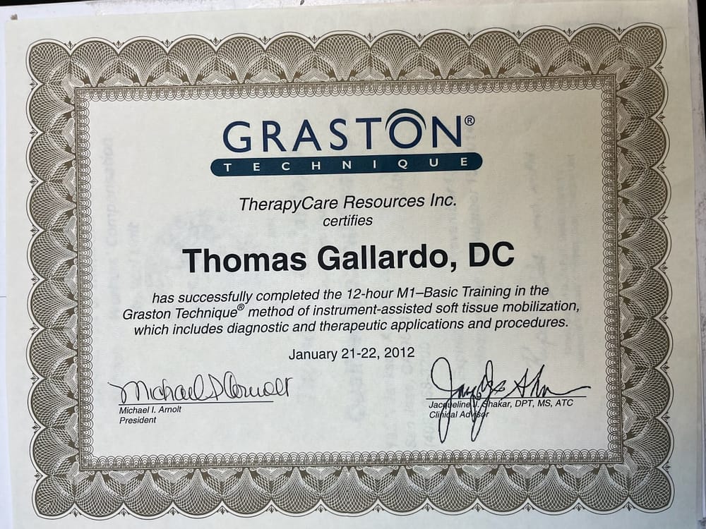 Certificado Graston Technique M1 del Dr. Thomas Gallardo, 2012