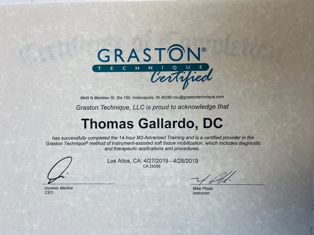 Certificado Graston Technique M2 del Dr. Thomas Gallardo, 2019