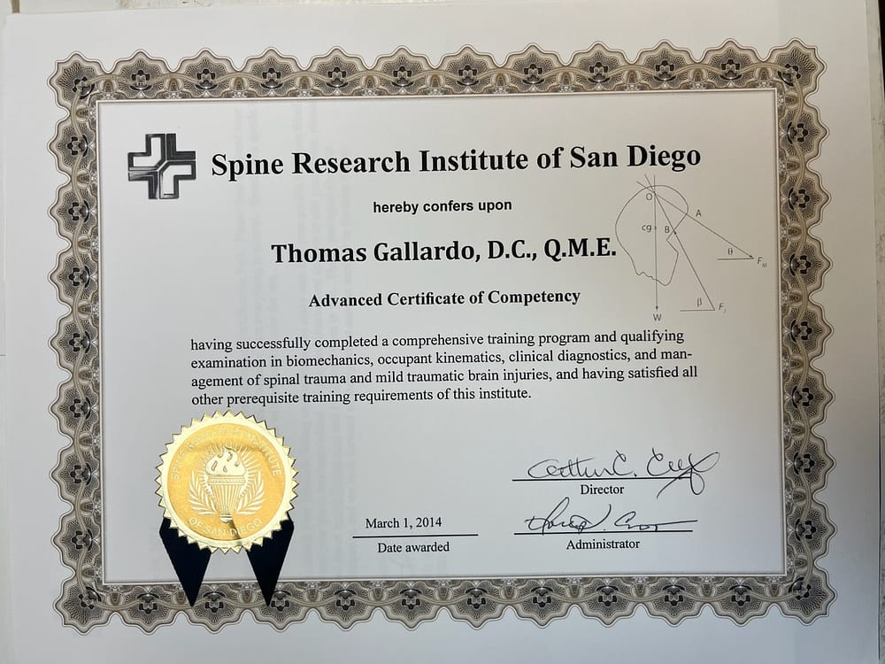 Certificado avanzado de competencia del Spine Research Institute of San Diego, 2014