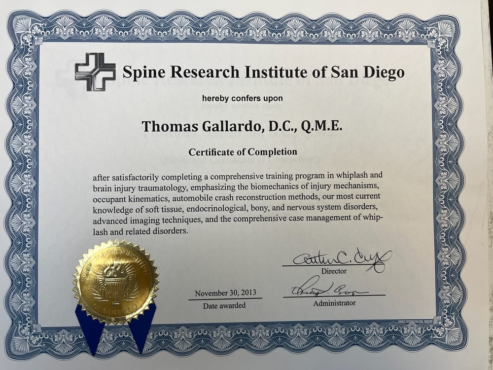Certificado de finalización del Spine Research Institute of San Diego, 2013